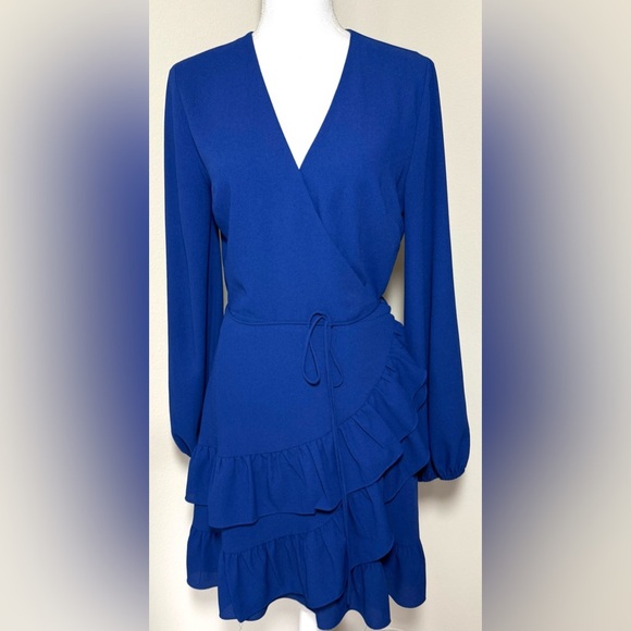 1. State Blue Ruffled Wrap Midi Dress with Tie Front Women Size 6 Royal Blue - Picture 1 of 8